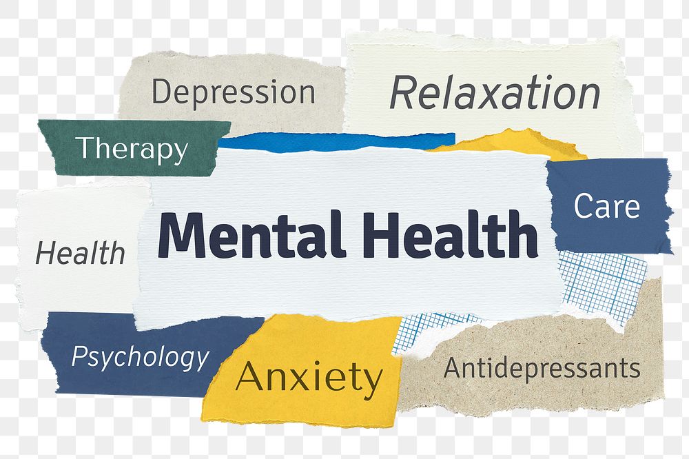 Mental health png word sticker typography, torn paper, transparent background
