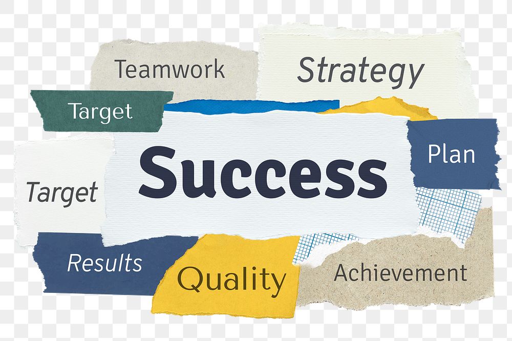 Success png word sticker typography, torn paper, transparent background