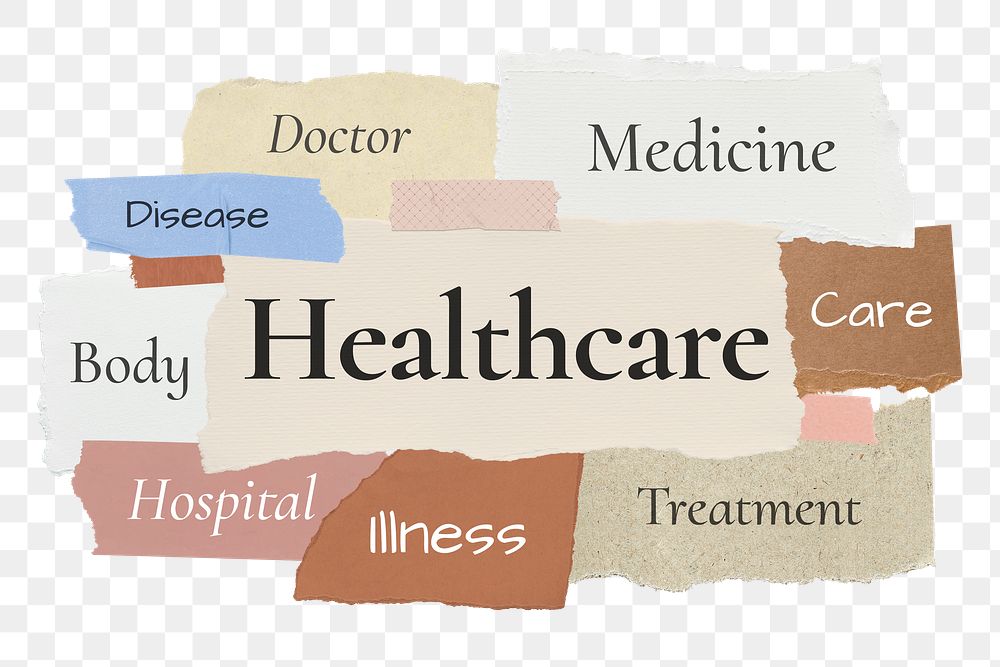 Healthcare png word sticker typography, torn paper, transparent background