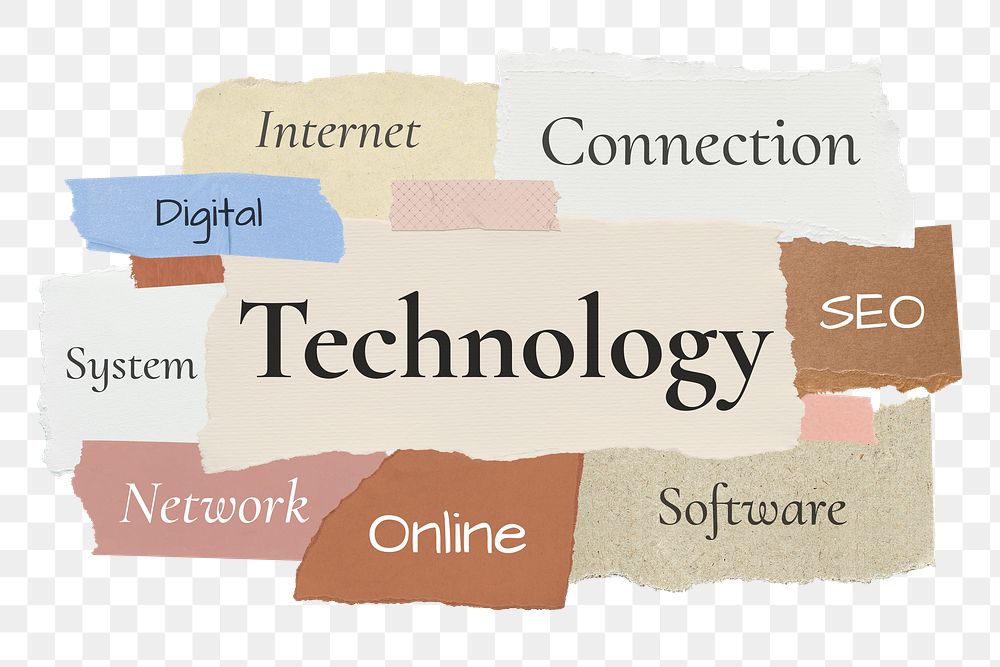 Technology png word sticker typography, torn paper, transparent background