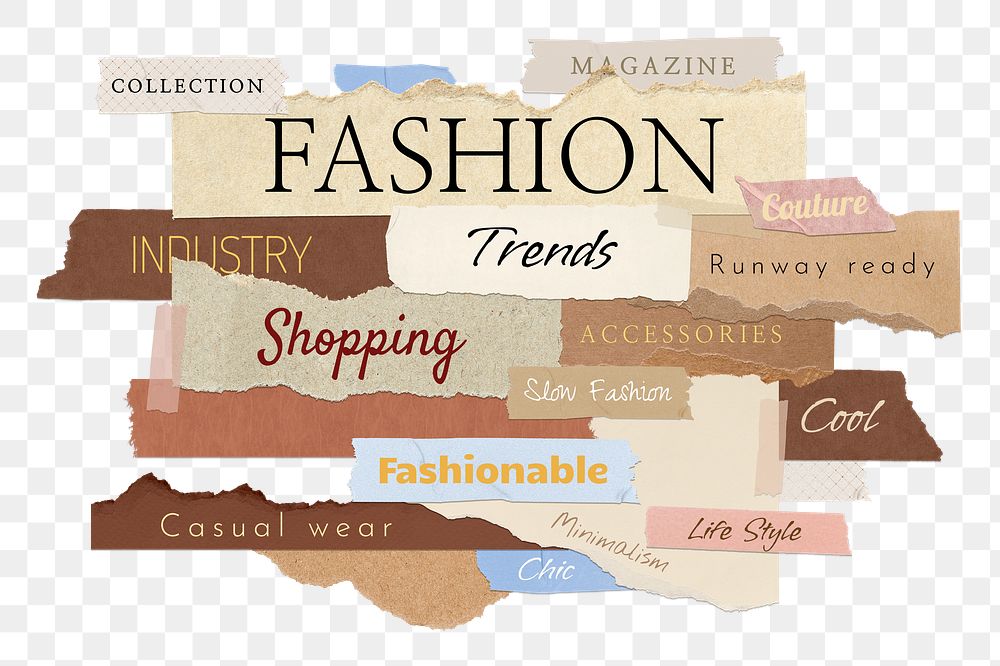 Fashion png word sticker typography, torn paper, transparent background