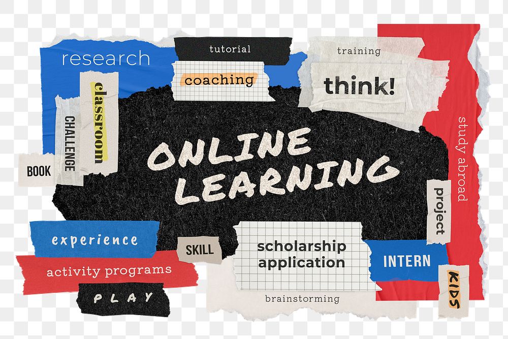 Online learning png word sticker typography, torn paper, transparent background