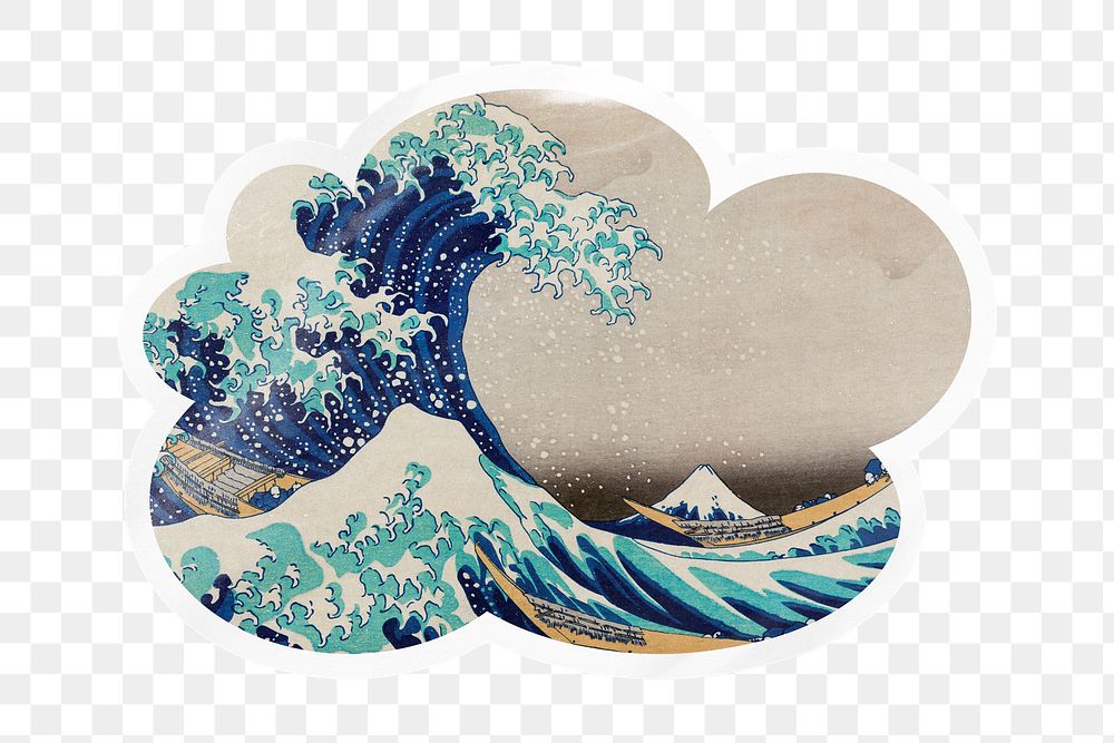 Png The Great Wave off Kanagawa cloud badge sticker on transparent background, remixed by rawpixel