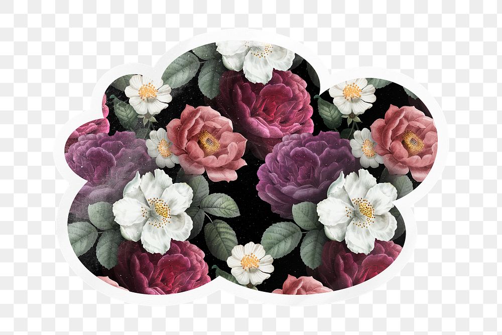 Aesthetic flowers png cloud badge sticker on transparent background