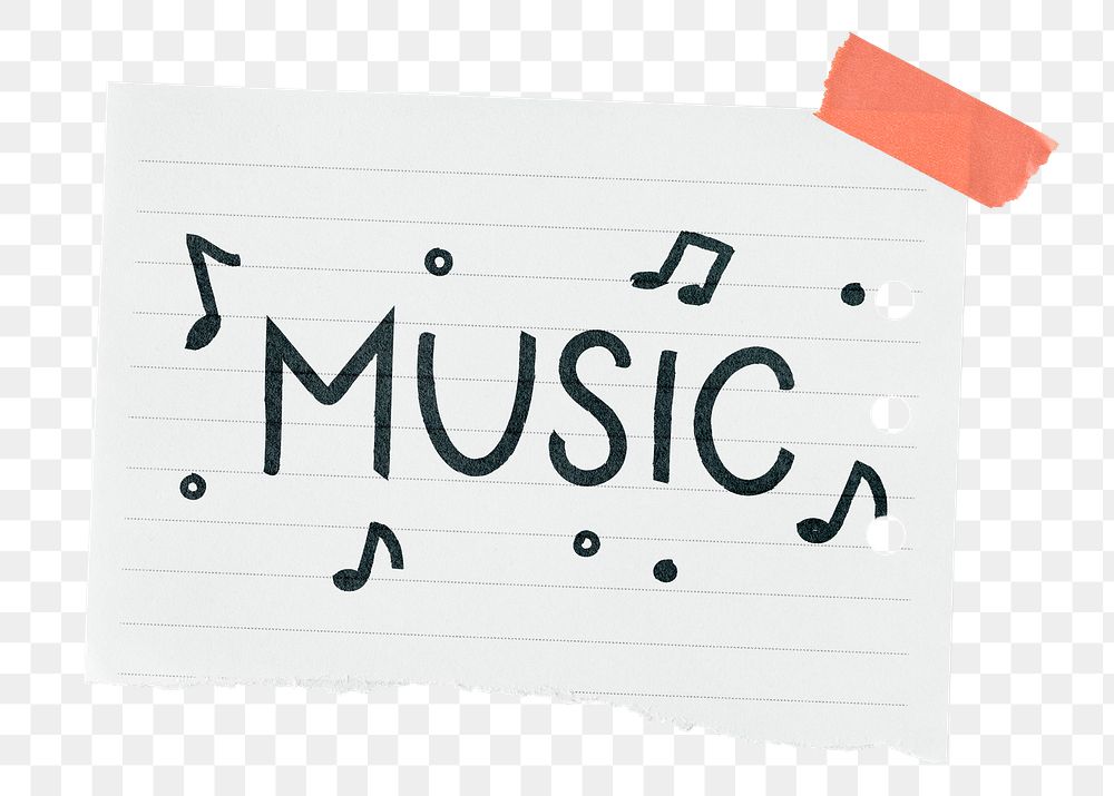 Music png word sticker, ripped note paper typography, transparent background