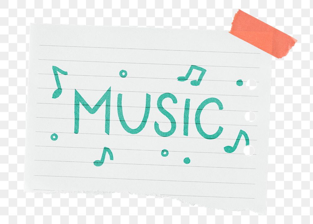 Music png word sticker, ripped note paper typography, transparent background