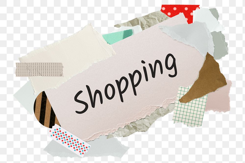 Shopping png word sticker, aesthetic paper collage typography, transparent background