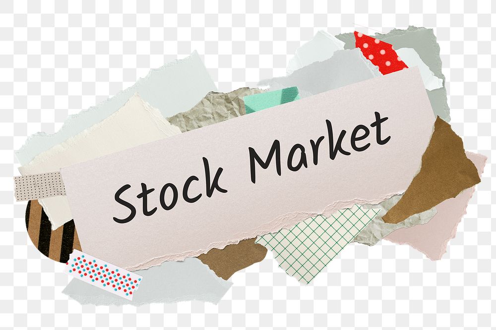 Stock market png word sticker, aesthetic paper collage typography, transparent background