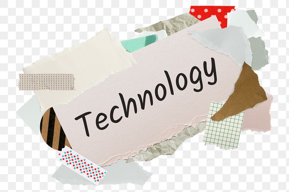 Technology png word sticker, aesthetic paper collage typography, transparent background