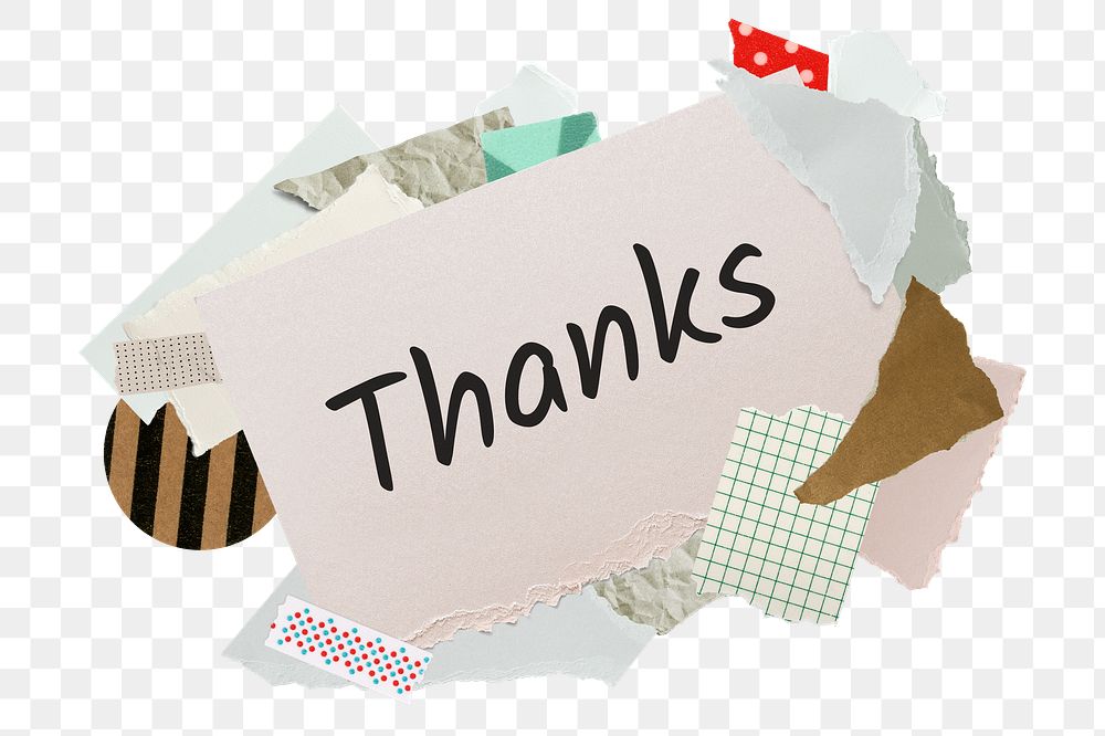 Thanks png word sticker, aesthetic paper collage typography, transparent background