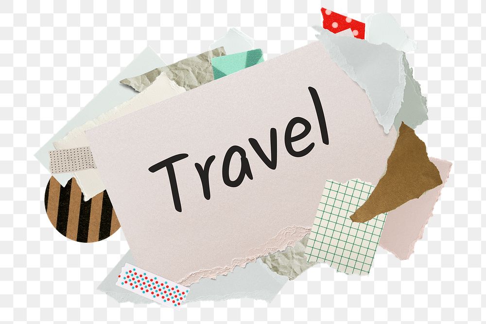 Travel png word sticker, aesthetic paper collage typography, transparent background