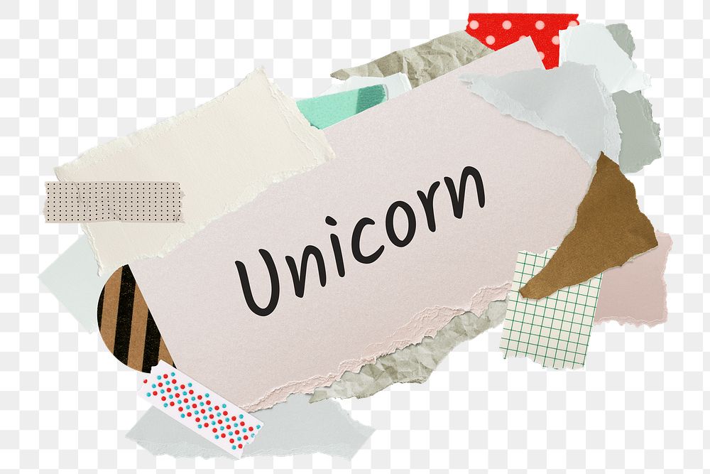 Unicorn png word sticker, aesthetic paper collage typography, transparent background