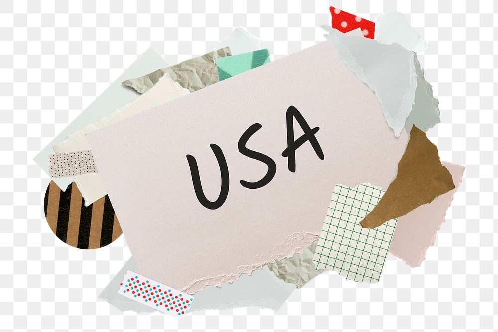 USA png word sticker, aesthetic paper collage typography, transparent background