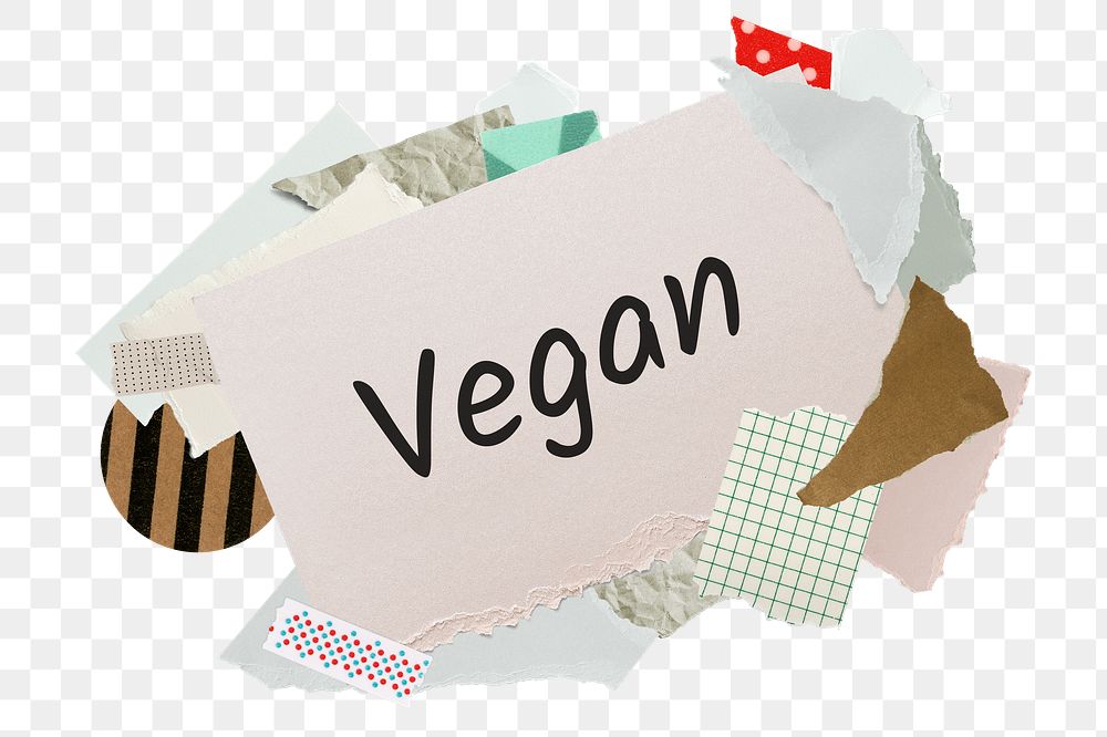 Vegan png word sticker, aesthetic paper collage typography, transparent background