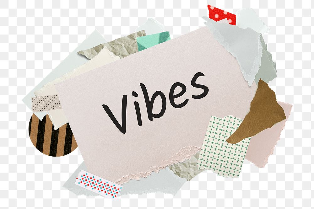 Vibes png word sticker, aesthetic paper collage typography, transparent background