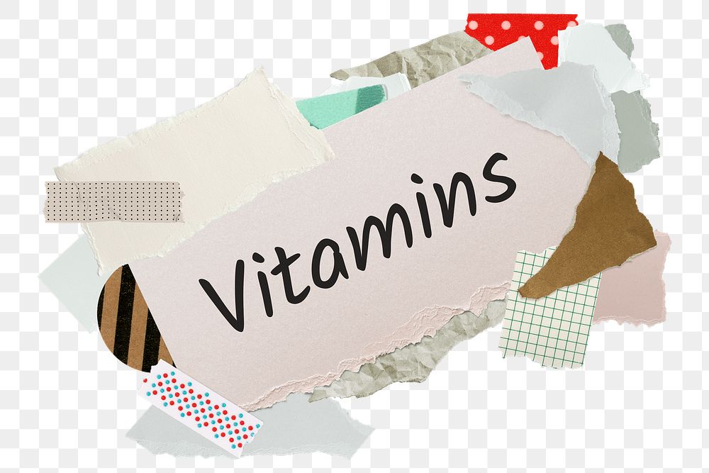 Vitamins png word sticker, aesthetic paper collage typography, transparent background