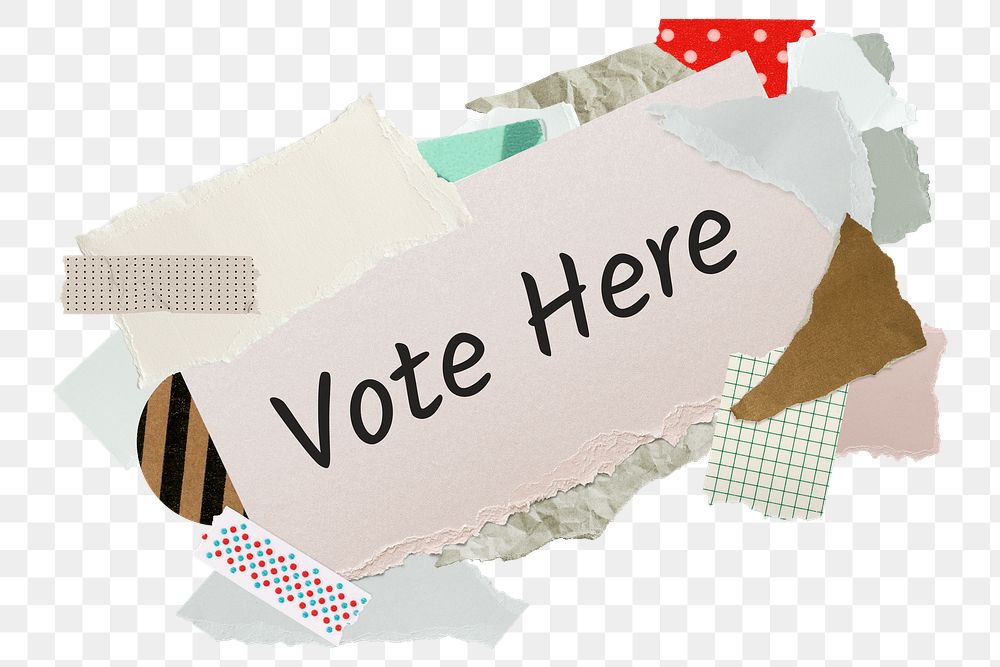 Vote here png word sticker, aesthetic paper collage typography, transparent background