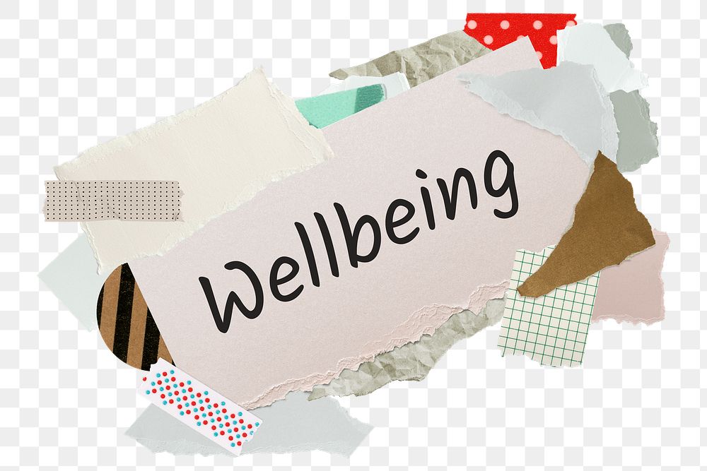 Wellbeing png word sticker, aesthetic paper collage typography, transparent background