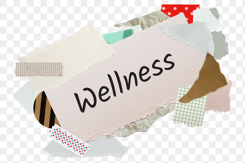 Wellness png word sticker, aesthetic paper collage typography, transparent background