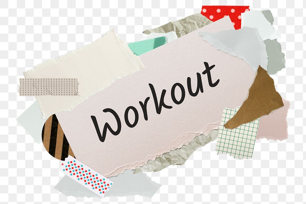 Workout png word sticker, aesthetic paper collage typography, transparent background