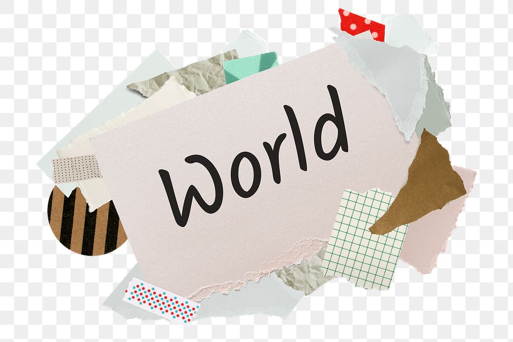 World png word sticker, aesthetic paper collage typography, transparent background