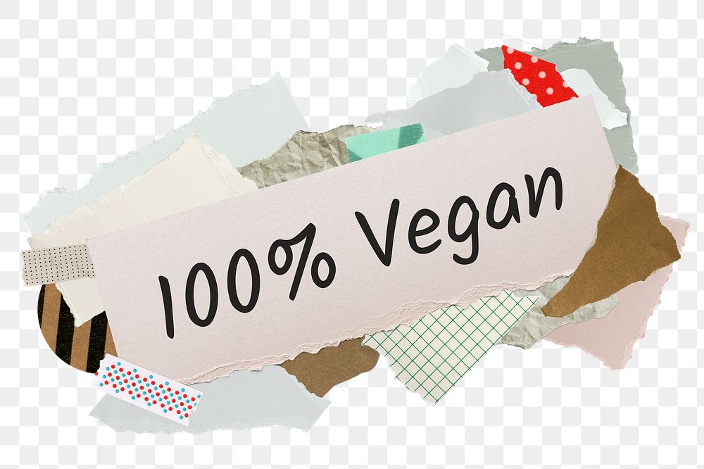 100% vegan png word sticker, aesthetic paper collage typography, transparent background