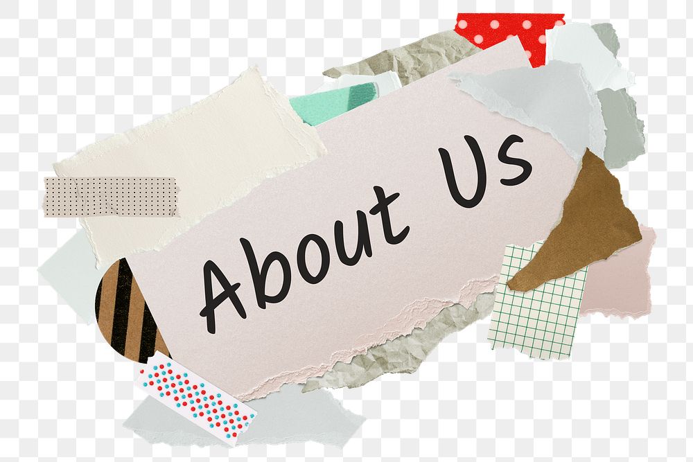 About us png word sticker, aesthetic paper collage typography, transparent background