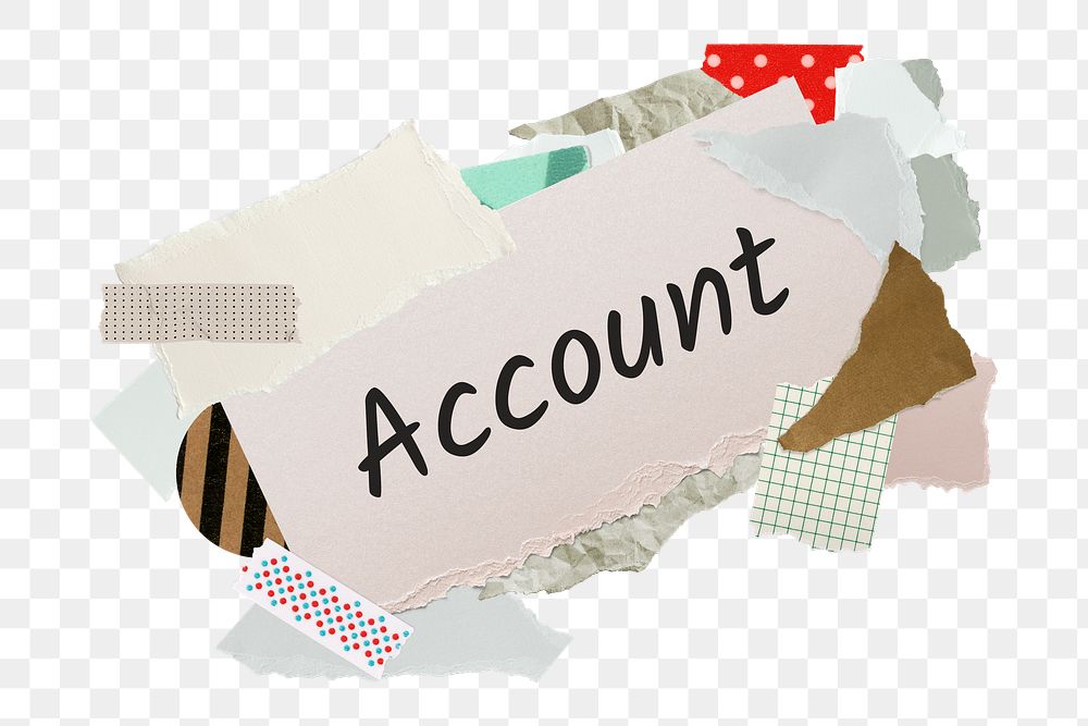 Account png word sticker, aesthetic paper collage typography, transparent background