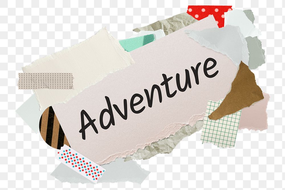 Adventure png word sticker, aesthetic paper collage typography, transparent background