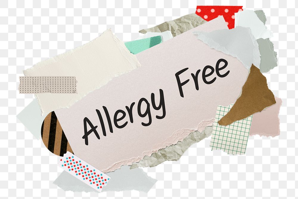 Allergy free png word sticker, aesthetic paper collage typography, transparent background
