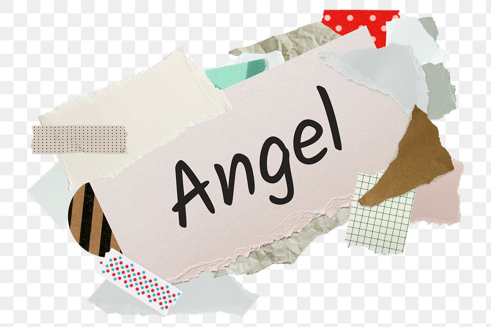 Angel png word sticker, aesthetic paper collage typography, transparent background