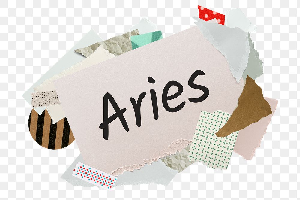 Aries png word sticker, aesthetic paper collage typography, transparent background