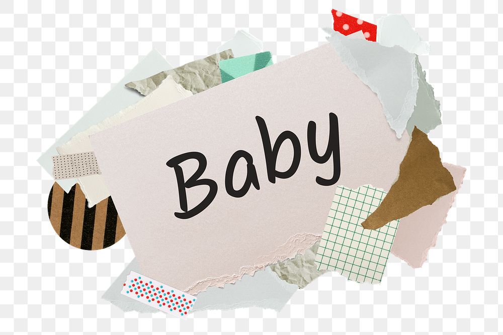 Baby png word sticker, aesthetic paper collage typography, transparent background