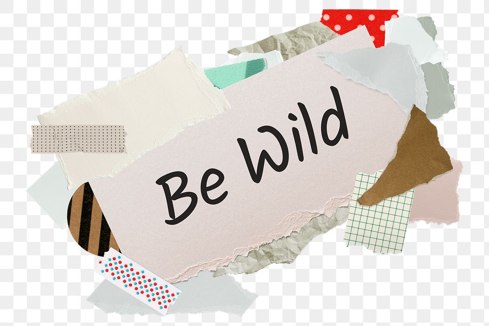 Be wild png word sticker, aesthetic paper collage typography, transparent background