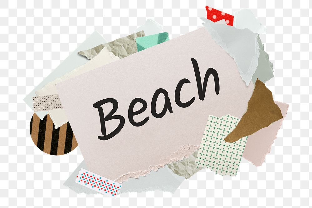 Beach png word sticker, aesthetic paper collage typography, transparent background