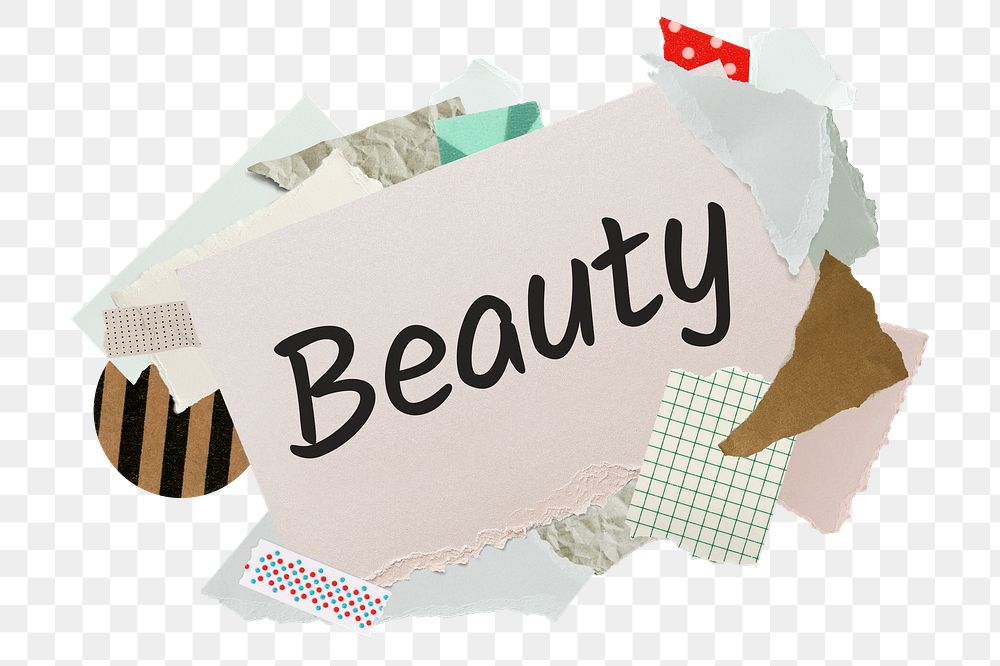 Beauty png word sticker, aesthetic paper collage typography, transparent background