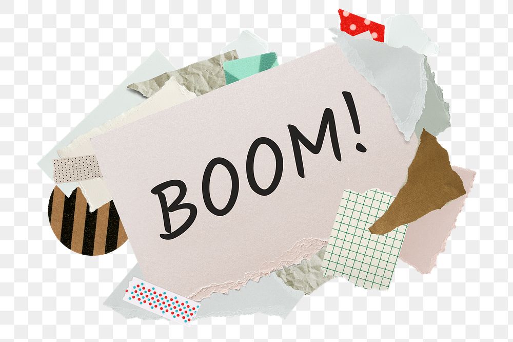 BOOM! png word sticker, aesthetic paper collage typography, transparent background