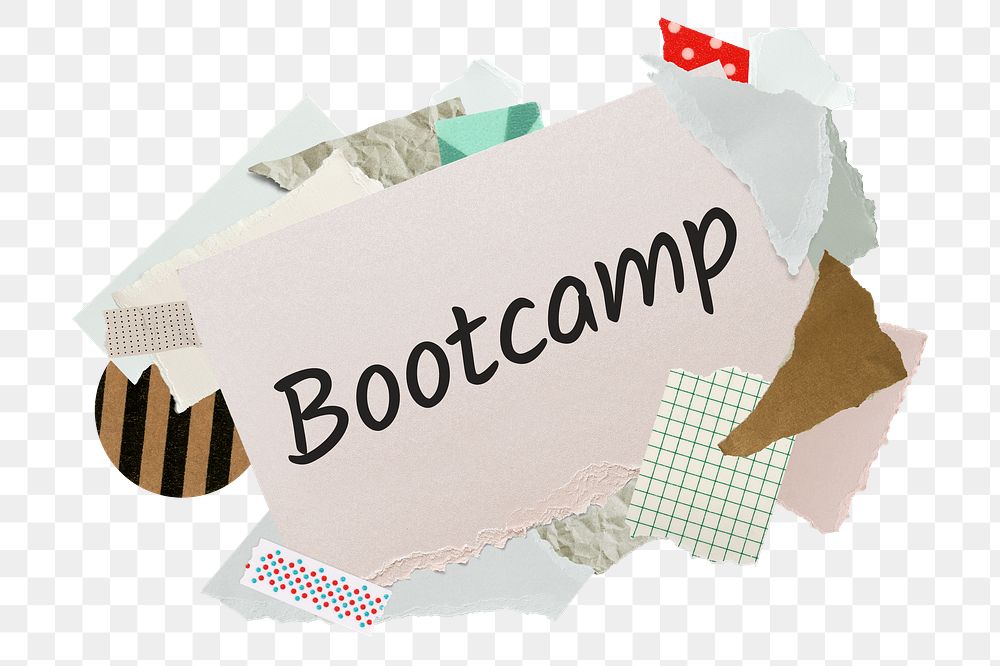 Bootcamp png word sticker, aesthetic paper collage typography, transparent background