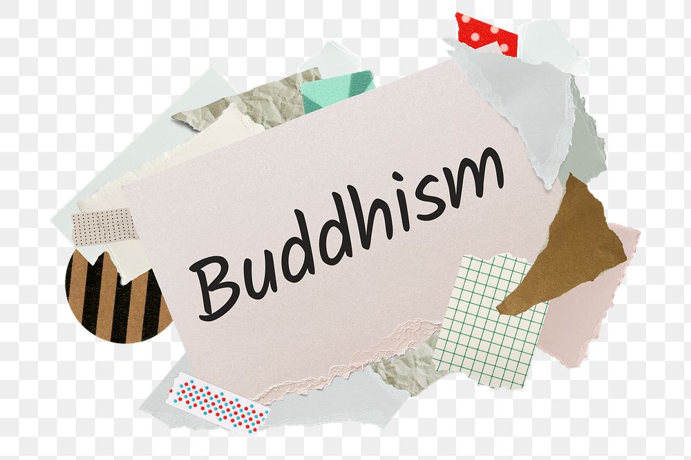 Buddhism png word sticker, aesthetic paper collage typography, transparent background