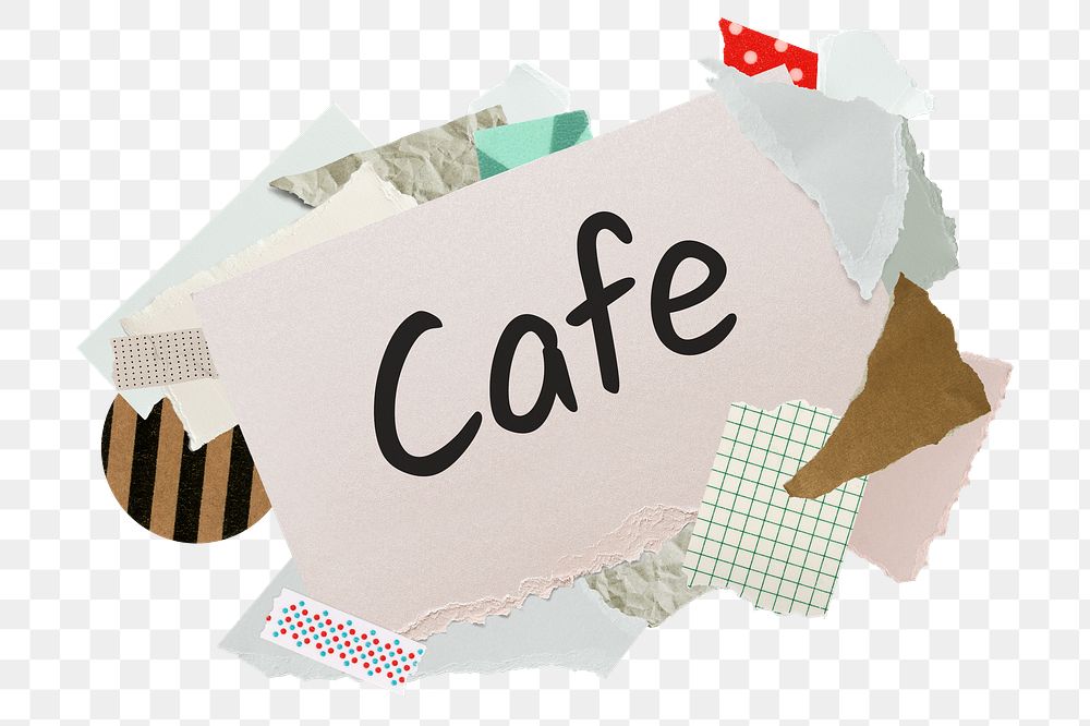 Cafe png word sticker, aesthetic paper collage typography, transparent background