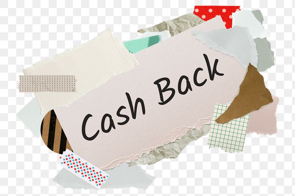 Cash back png word sticker, aesthetic paper collage typography, transparent background