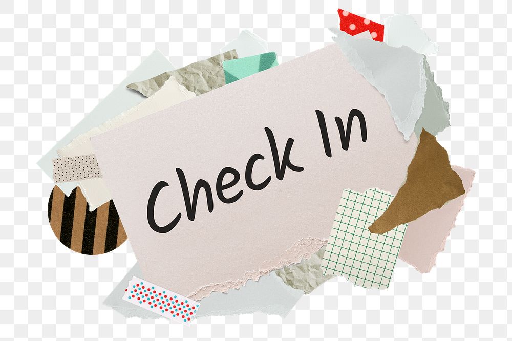 Check in png word sticker, aesthetic paper collage typography, transparent background