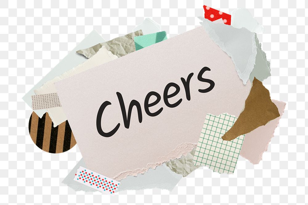 Cheers png word sticker, aesthetic paper collage typography, transparent background