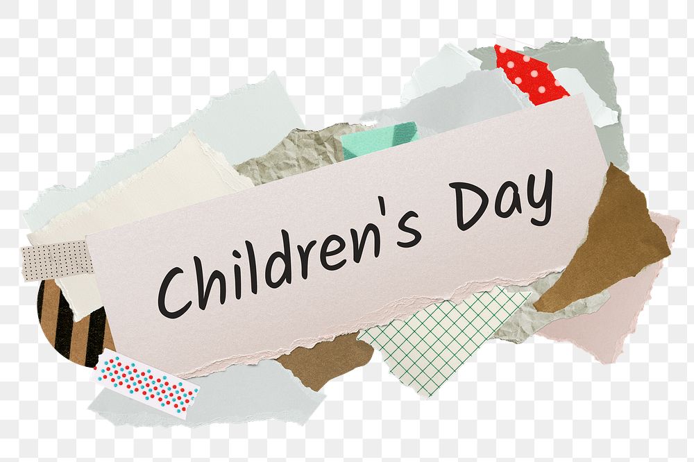 Children's day png word sticker, aesthetic paper collage typography, transparent background