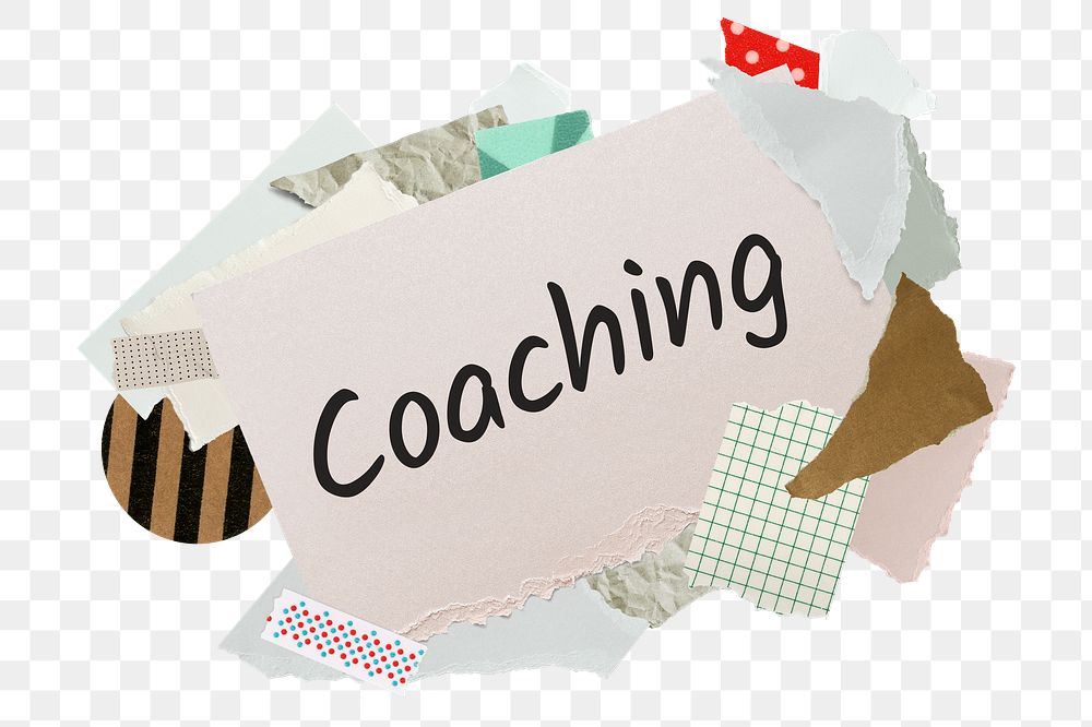 Coaching png word sticker, aesthetic paper collage typography, transparent background