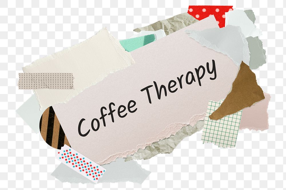 Coffee therapy png word sticker, aesthetic paper collage typography, transparent background