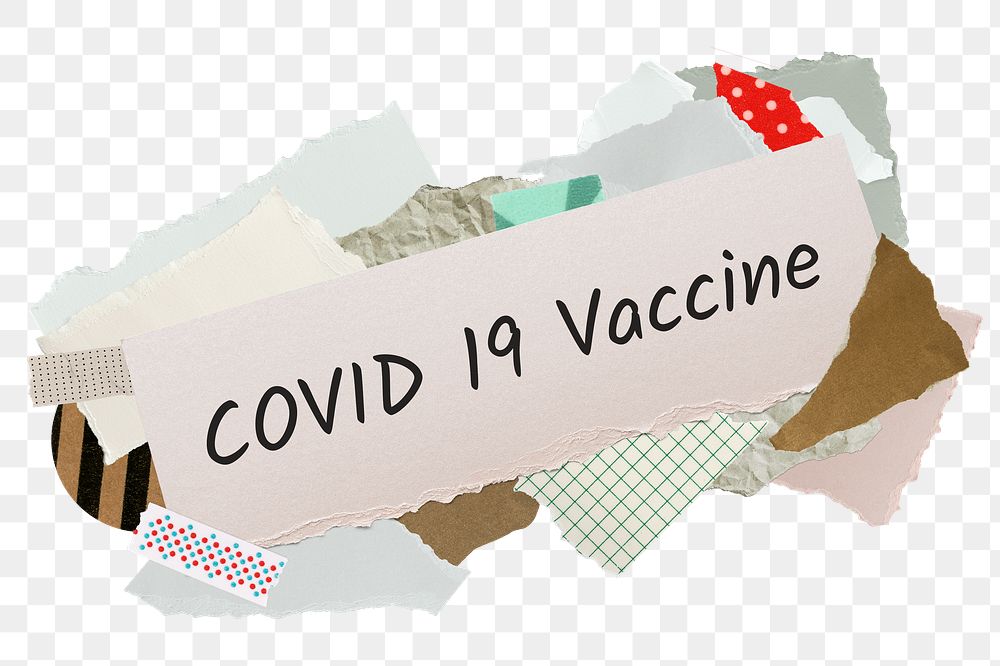 COVID 19 vaccine png word sticker, aesthetic paper collage typography, transparent background