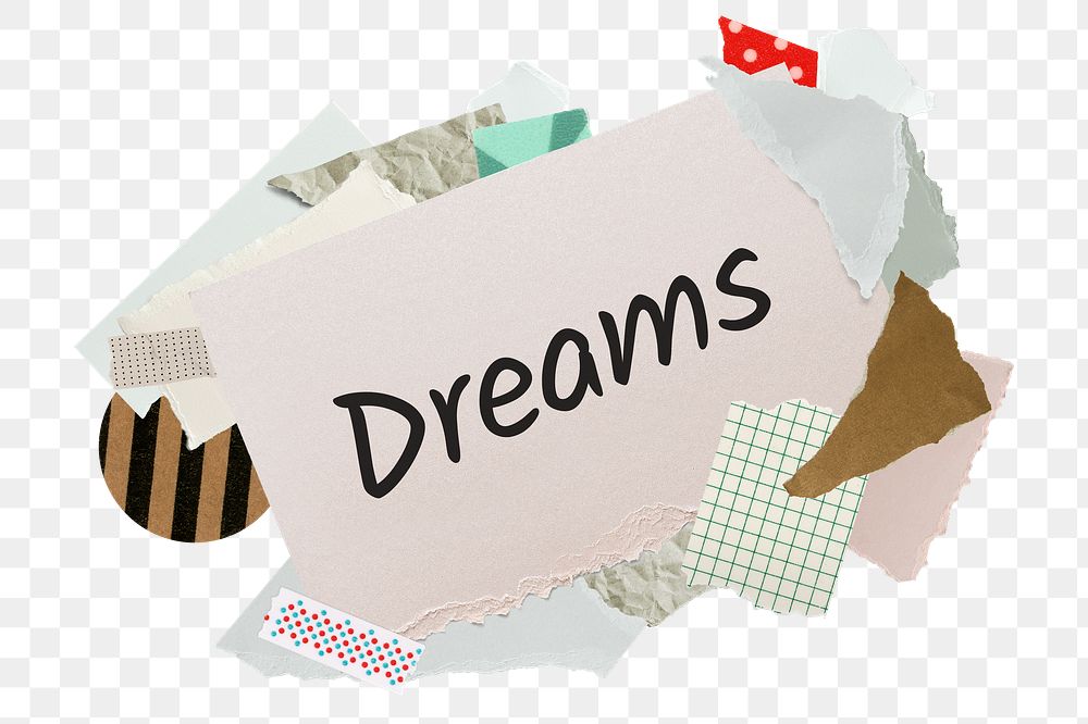 Dreams png word sticker, aesthetic paper collage typography, transparent background