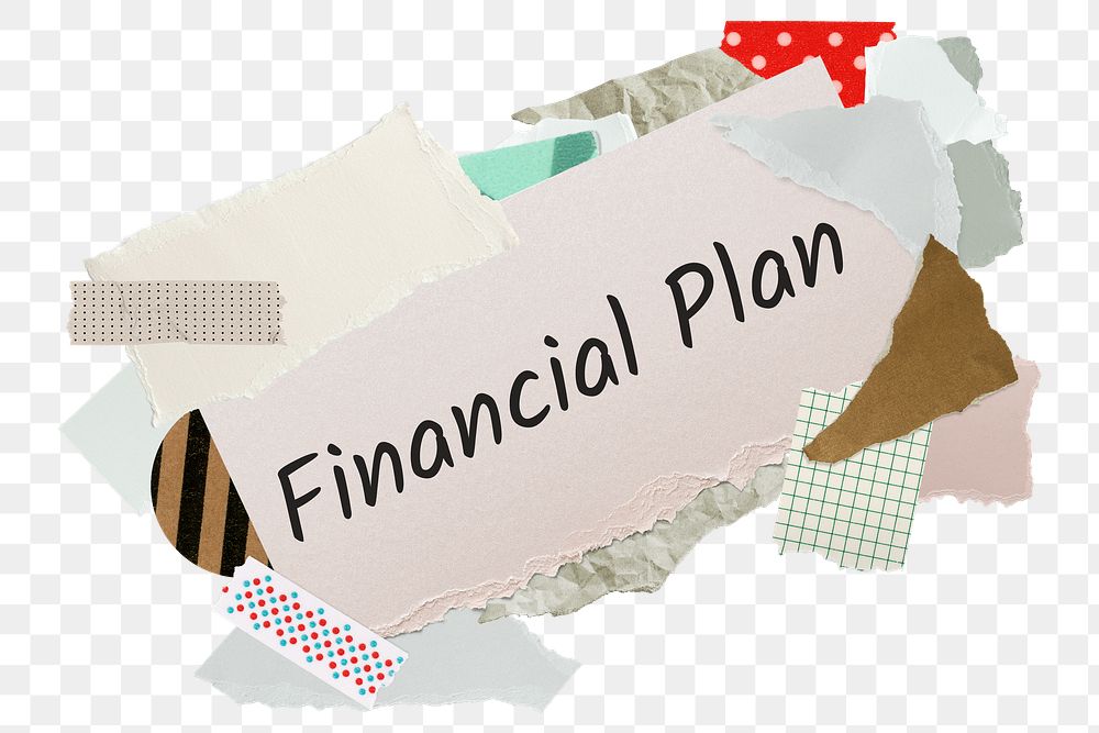 Financial plan png word sticker, aesthetic paper collage typography, transparent background
