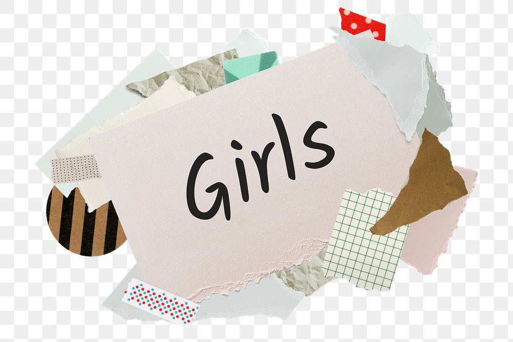 Girls png word sticker, aesthetic paper collage typography, transparent background